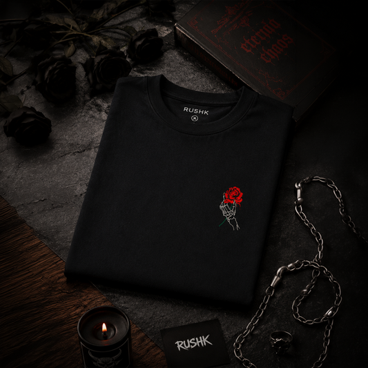 Crimson Rose Skeleton Hand T-Shirt | RUSHK
