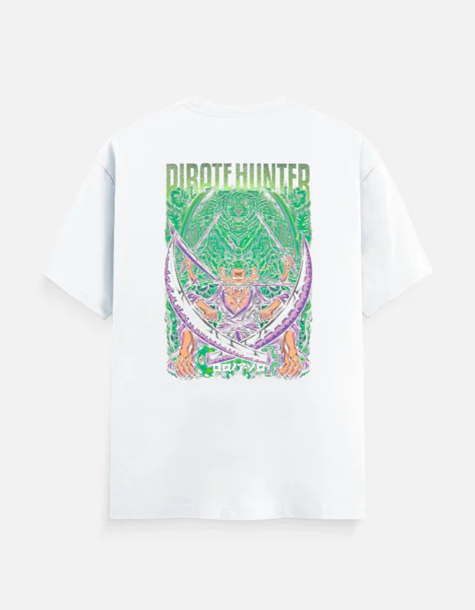 White streetwear tee with bold green and purple 'Pirate Hunter' anime graphic, perfect for gamers and anime fans.