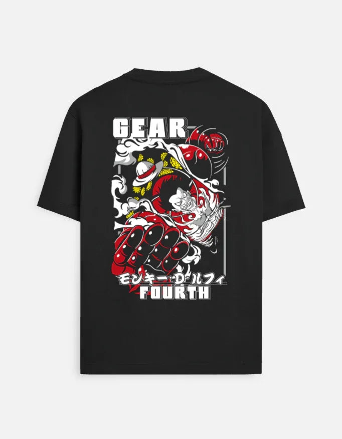 Black anime streetwear tee with Gear Fourth Luffy graphic, bold red and white design for fans