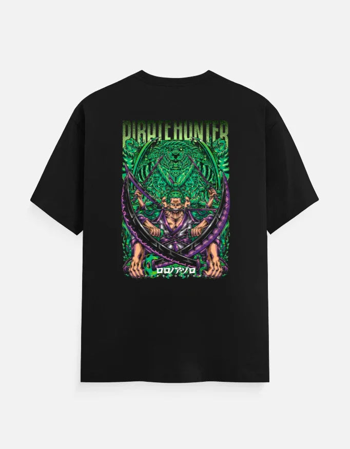 Black anime streetwear tee with green and purple Pirate Hunter graphic, bold design for gamers and fans