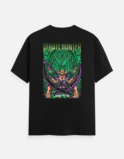 Black anime streetwear tee with green and purple Pirate Hunter graphic, bold design for gamers and fans