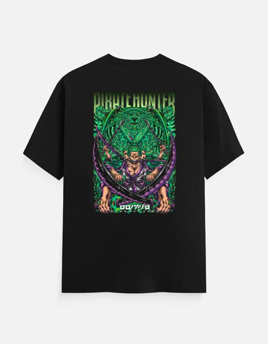 Black anime streetwear tee with green and purple Pirate Hunter graphic, bold design for gamers and fans