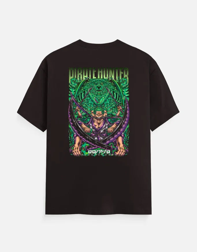 Black anime streetwear tee with green and purple Pirate Hunter graphic, bold design for gamers and fans