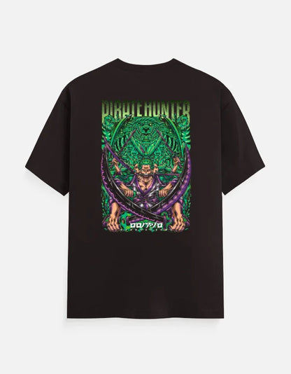 Black anime streetwear tee with green and purple Pirate Hunter graphic, bold design for gamers and fans