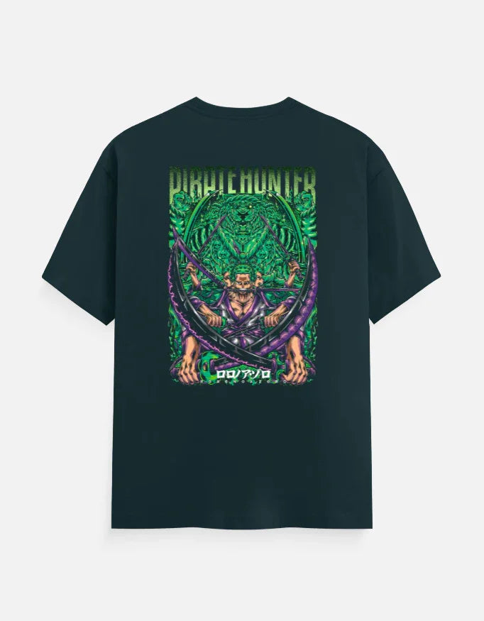 Dark green anime streetwear tee with bold Pirate Hunter graphic, vibrant green and purple design, ideal for gamers and fans