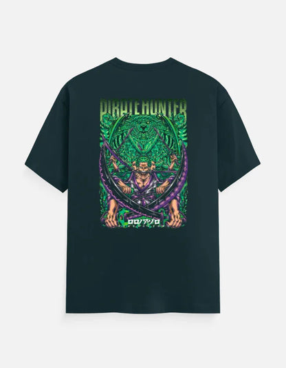 Dark green anime streetwear tee with bold Pirate Hunter graphic, vibrant green and purple design, ideal for gamers and fans