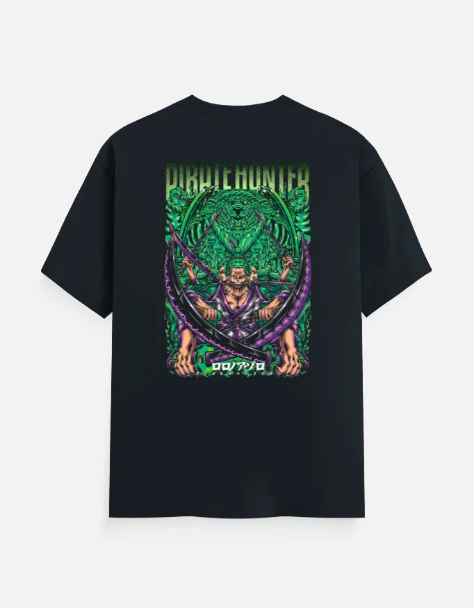 Black anime streetwear tee with bold green and purple Pirate Hunter graphic, perfect for gamers and creators.