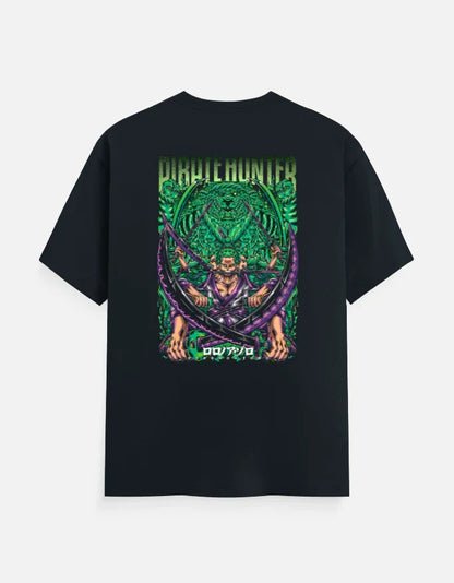 Black anime streetwear tee with bold green and purple Pirate Hunter graphic, perfect for gamers and creators.