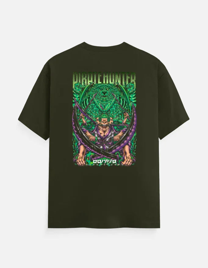 Dark green anime streetwear tee with bold 'Pirate Hunter' graphic, vibrant green and purple design, perfect for gamers and fans.