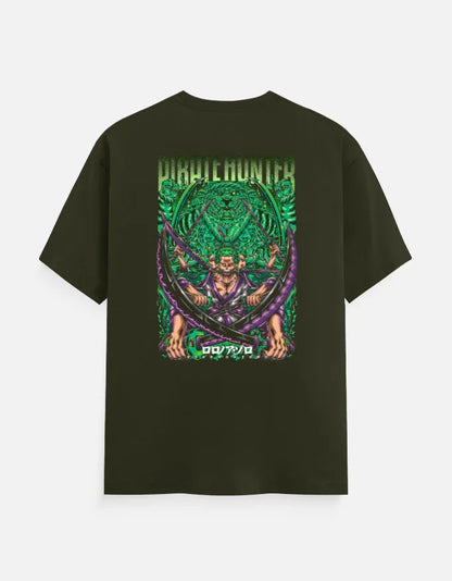 Dark green anime streetwear tee with bold 'Pirate Hunter' graphic, vibrant green and purple design, perfect for gamers and fans.