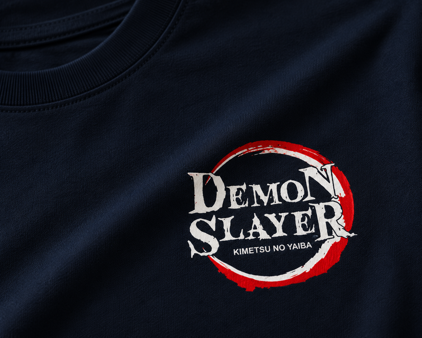 Black t-shirt with 'Demon Slayer' logo in white and red on a dark background