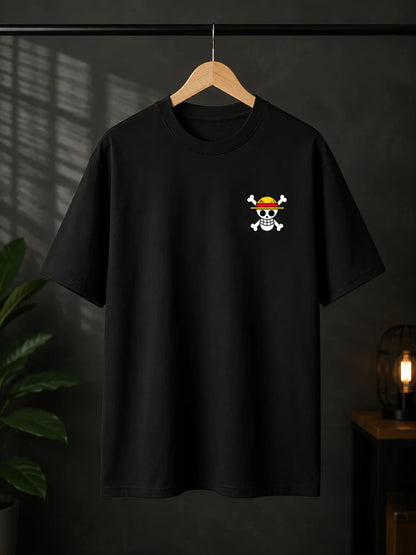 Black anime streetwear tee with skull and straw hat graphic, bold design for fans