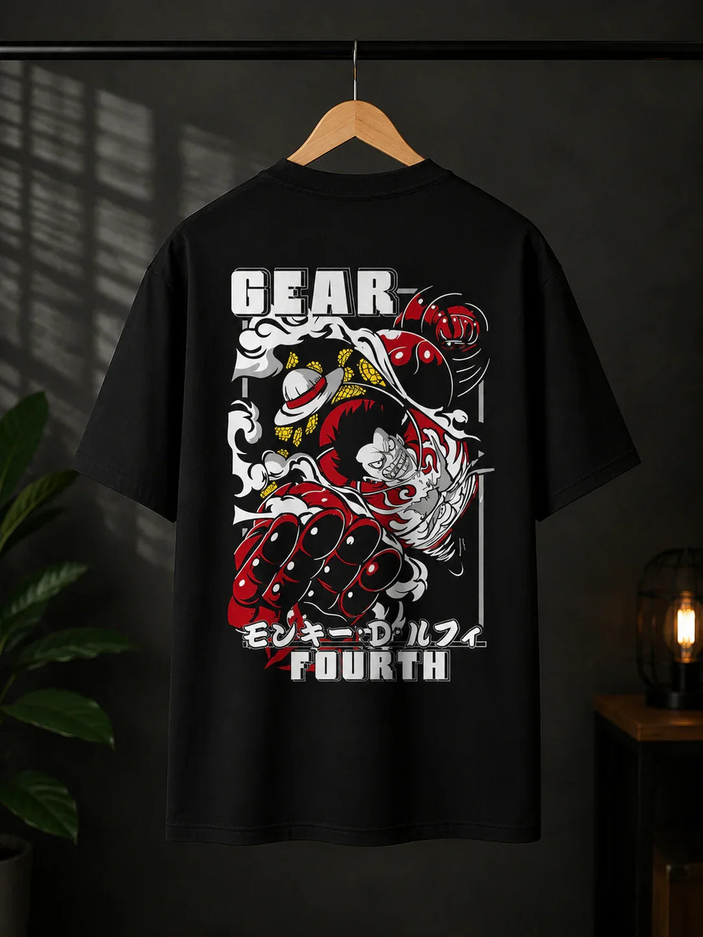 Black anime streetwear tee featuring Gear Fourth Luffy design, bold graphic print for fans and creators