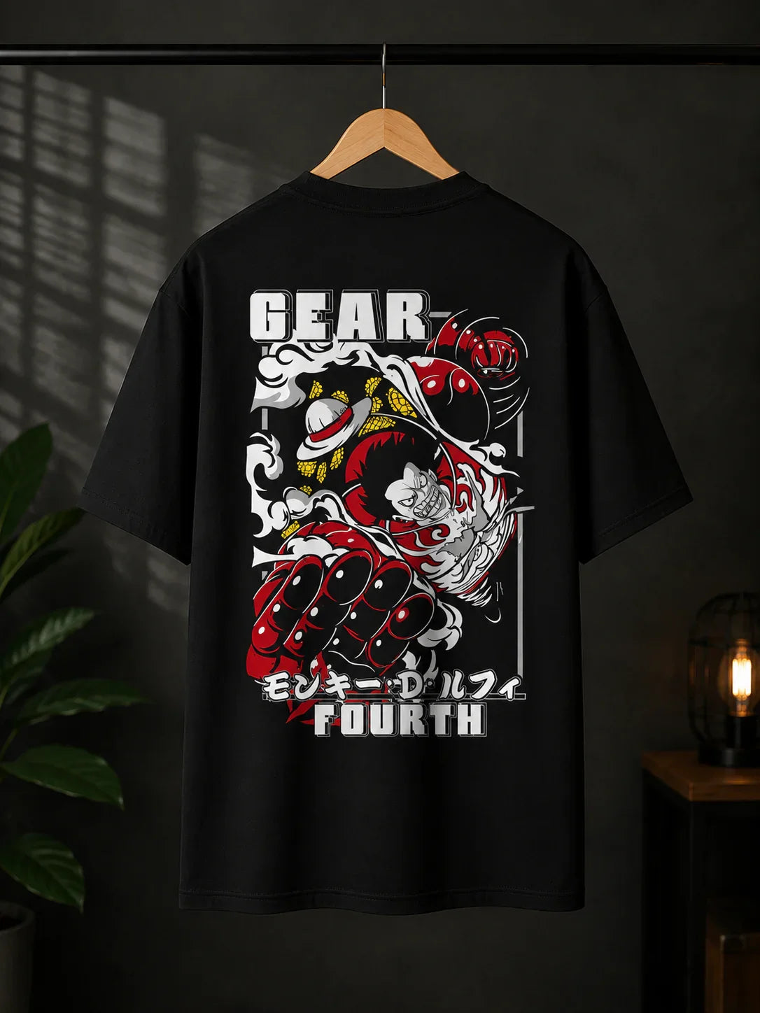Black anime streetwear tee featuring Gear Fourth Luffy design, bold graphic print for fans and creators