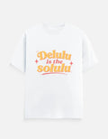 White graphic tee with 'Delulu is the Solulu' in bold orange-yellow text, perfect for anime fans and streetwear lovers.