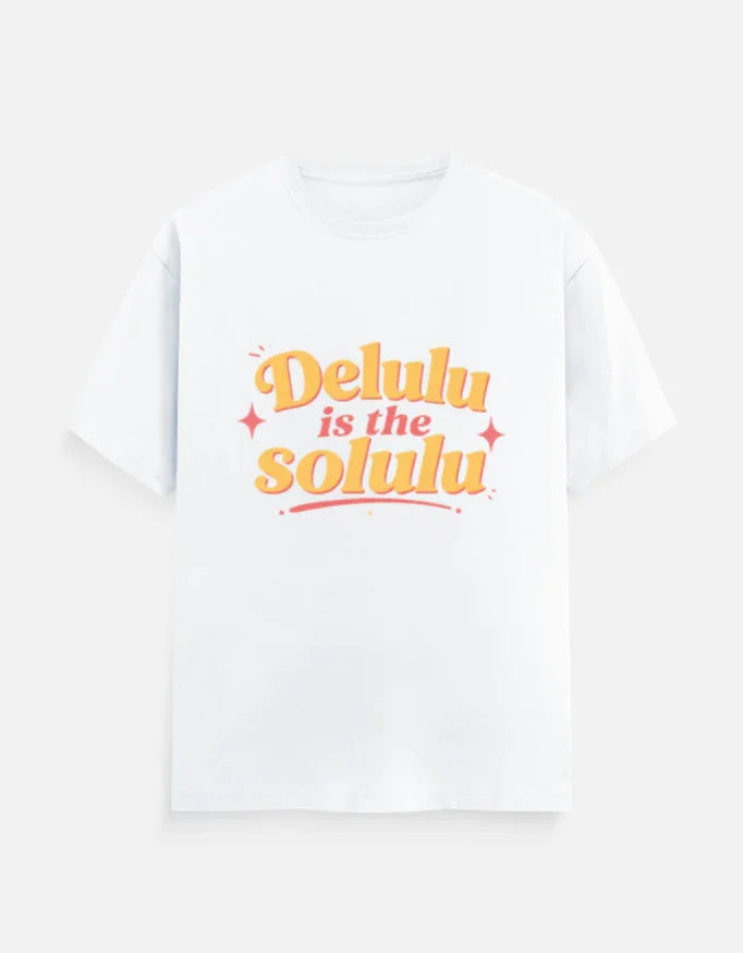 White graphic tee with 'Delulu is the Solulu' in bold orange-yellow text, perfect for anime fans and streetwear lovers.