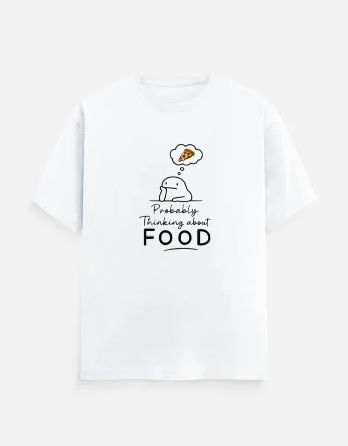 White graphic tee with cute character thinking about pizza, bold 'Probably Thinking about FOOD' text, streetwear style