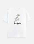 White graphic tee with cute character thinking about pizza, bold 'Probably Thinking about FOOD' text, streetwear style