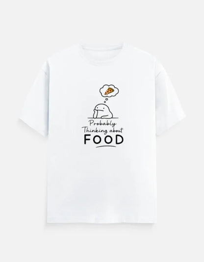White graphic tee with cute character thinking about pizza, bold 'Probably Thinking about FOOD' text, streetwear style