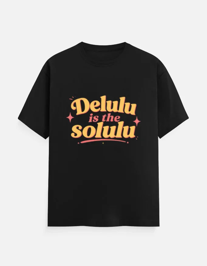 Black graphic tee with 'Delulu is the Solulu' in bold retro font, perfect for streetwear lovers and anime fans.