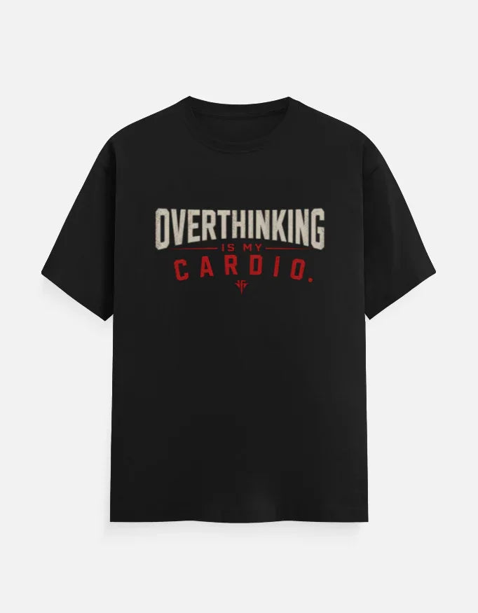 Black streetwear tee with bold 'Overthinking Is My Cardio' graphic print, perfect for gamers and creatives