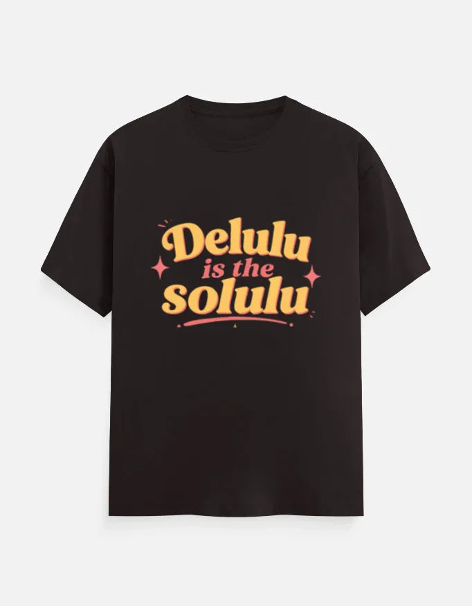 Black graphic tee with 'Delulu is the Solulu' retro text design, bold streetwear style