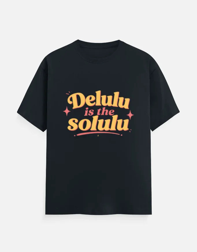 Black streetwear tee with bold 'Delulu is the Solulu' graphic in retro yellow and pink, perfect for anime fans and creators.