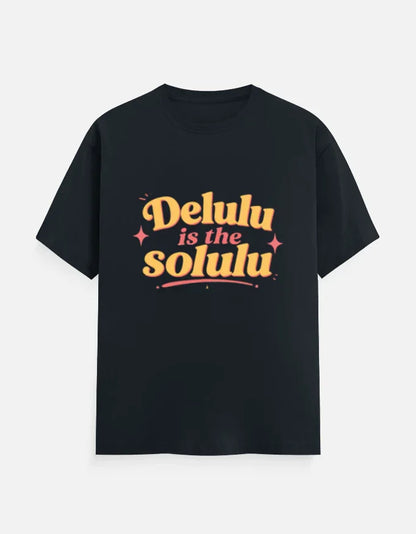 Black streetwear tee with bold 'Delulu is the Solulu' graphic in retro yellow and pink, perfect for anime fans and creators.