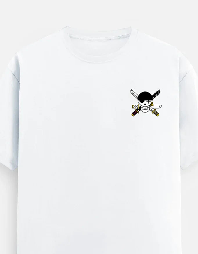 White streetwear tee with anime pirate skull and crossed swords graphic, bold design for gamers and fans