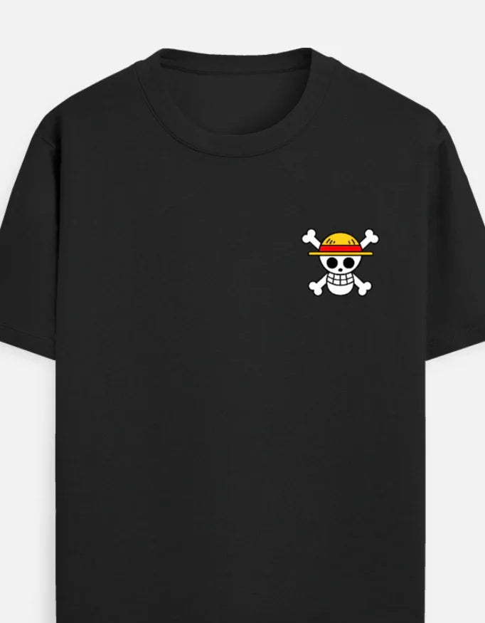 Black anime streetwear tee with skull and straw hat graphic, bold design for fans