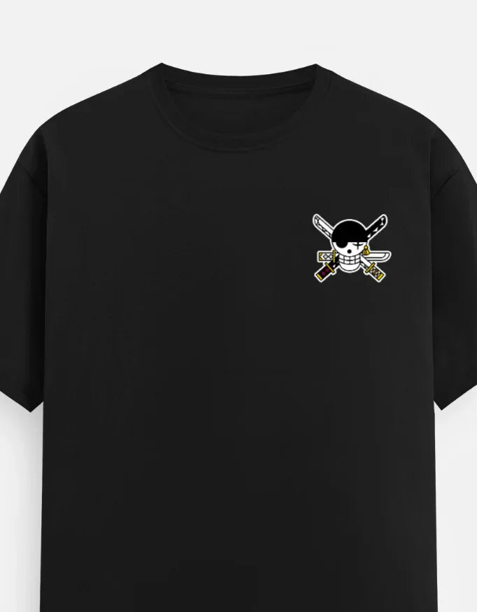 Black anime streetwear tee with skull and crossed swords graphic, bold design for fans