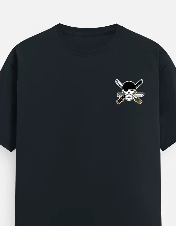 Black streetwear tee with anime pirate skull and crossed swords graphic, bold design for fans