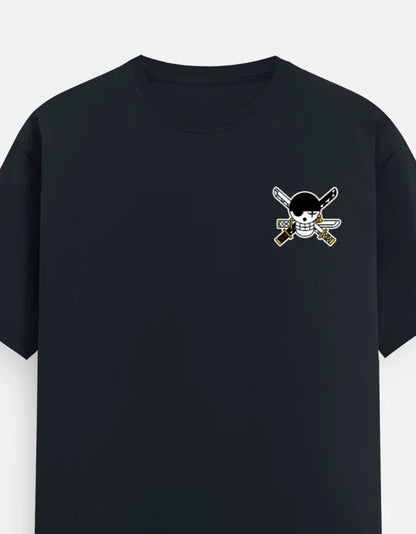 Black streetwear tee with anime pirate skull and crossed swords graphic, bold design for fans