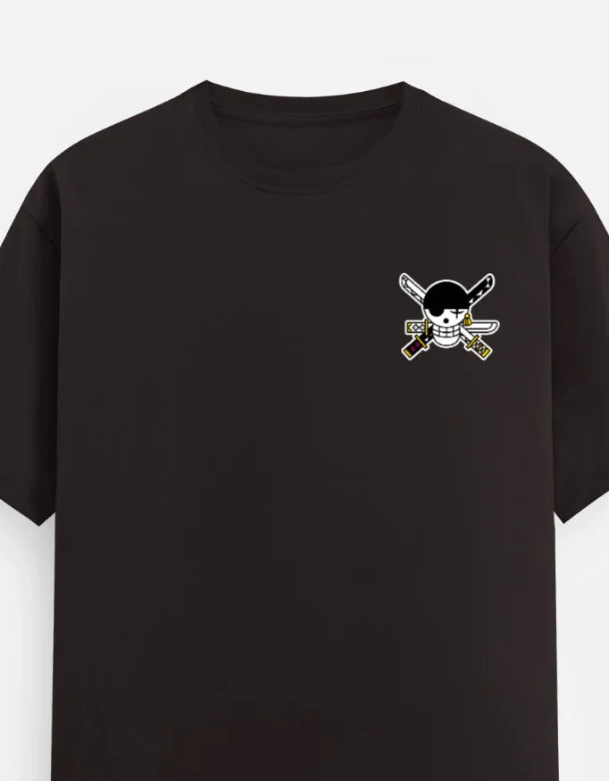 Black streetwear tee with anime-style skull and crossed swords graphic, bold design for gamers and fans