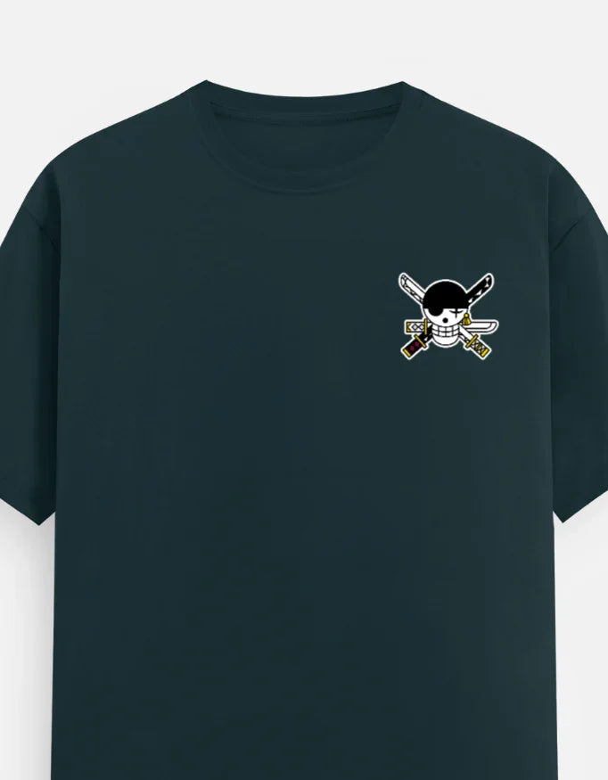 Dark green anime streetwear tee with skull and crossed swords graphic, bold design for fans