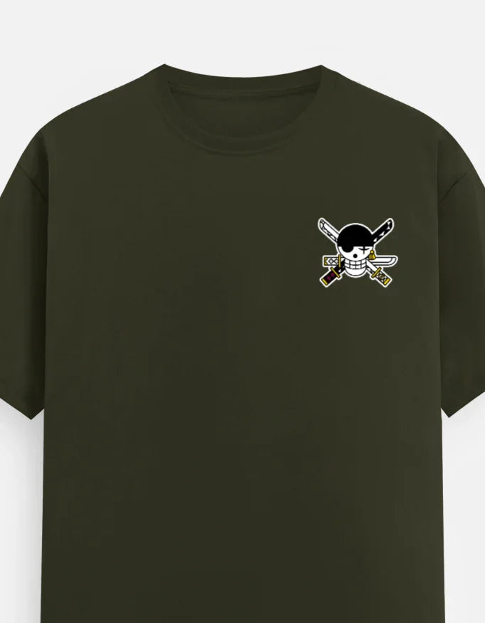 Olive green streetwear tee with anime pirate skull and crossed swords graphic, bold design for fans