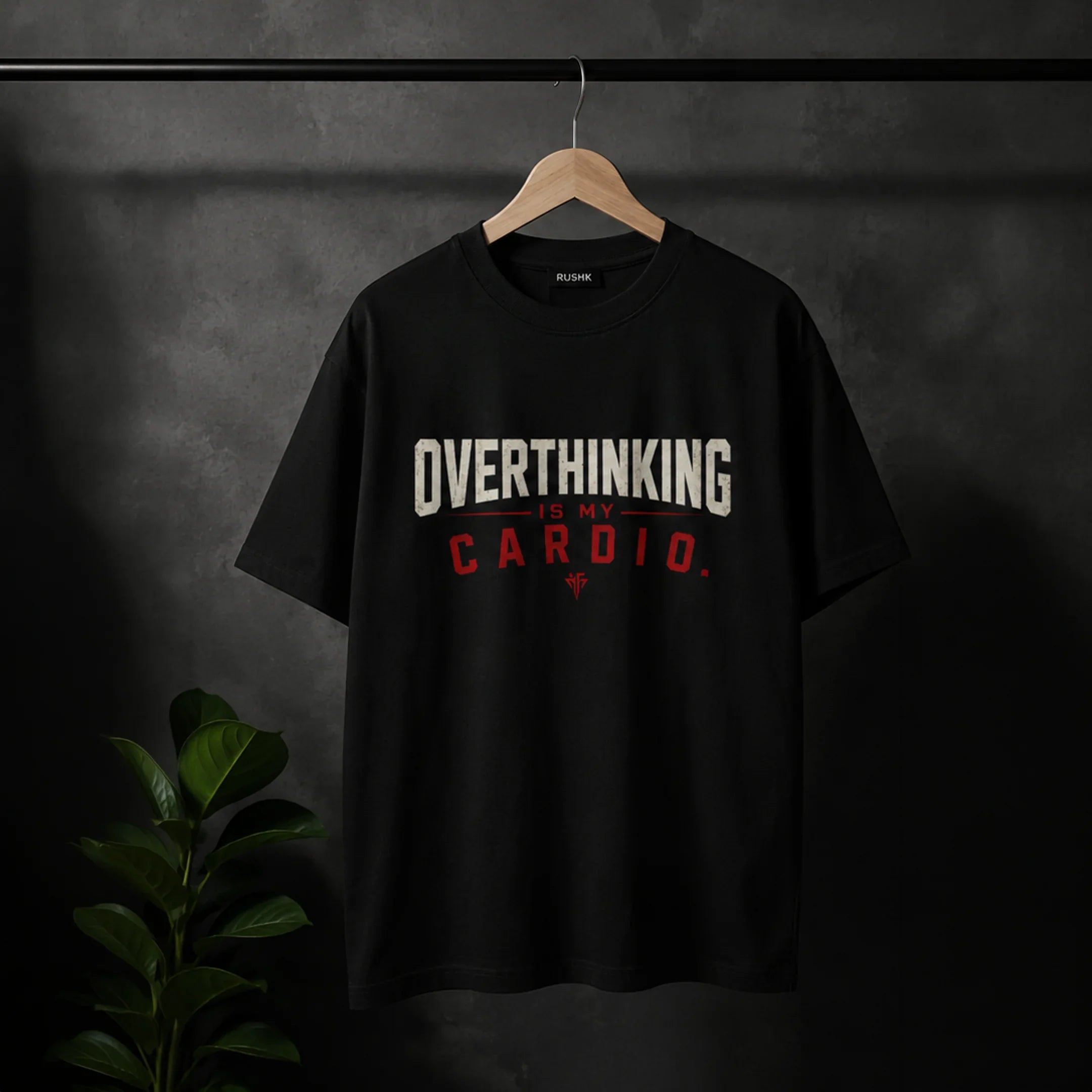 Black streetwear tee with 'Overthinking Is My Cardio' graphic, bold design for gamers & creators
