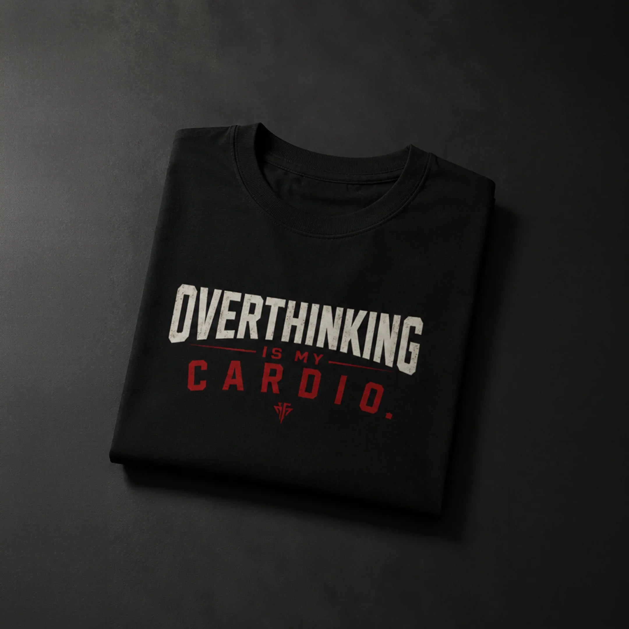 Black graphic tee with 'Overthinking Is My Cardio' text, bold streetwear design for gamers and creators