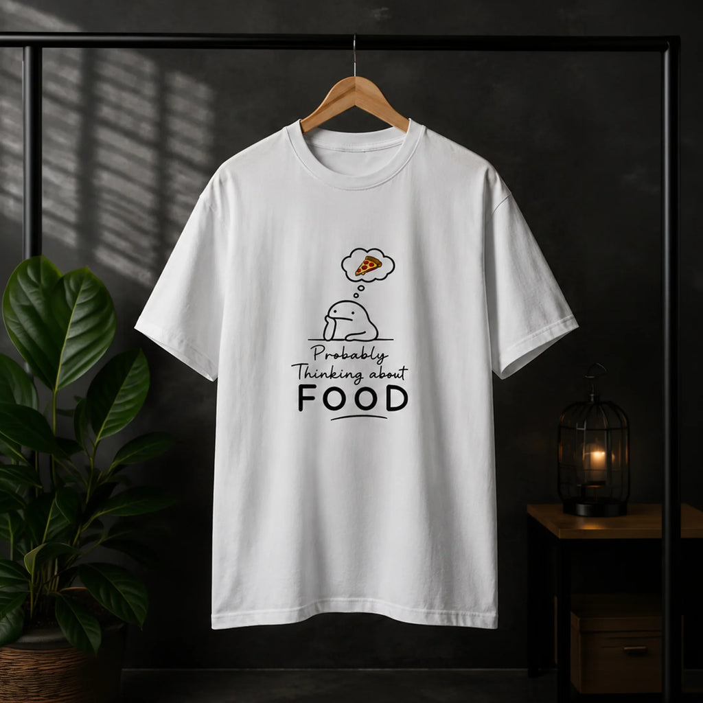 White graphic tee with cute character thinking about pizza, bold 'Probably Thinking about FOOD' text, streetwear style