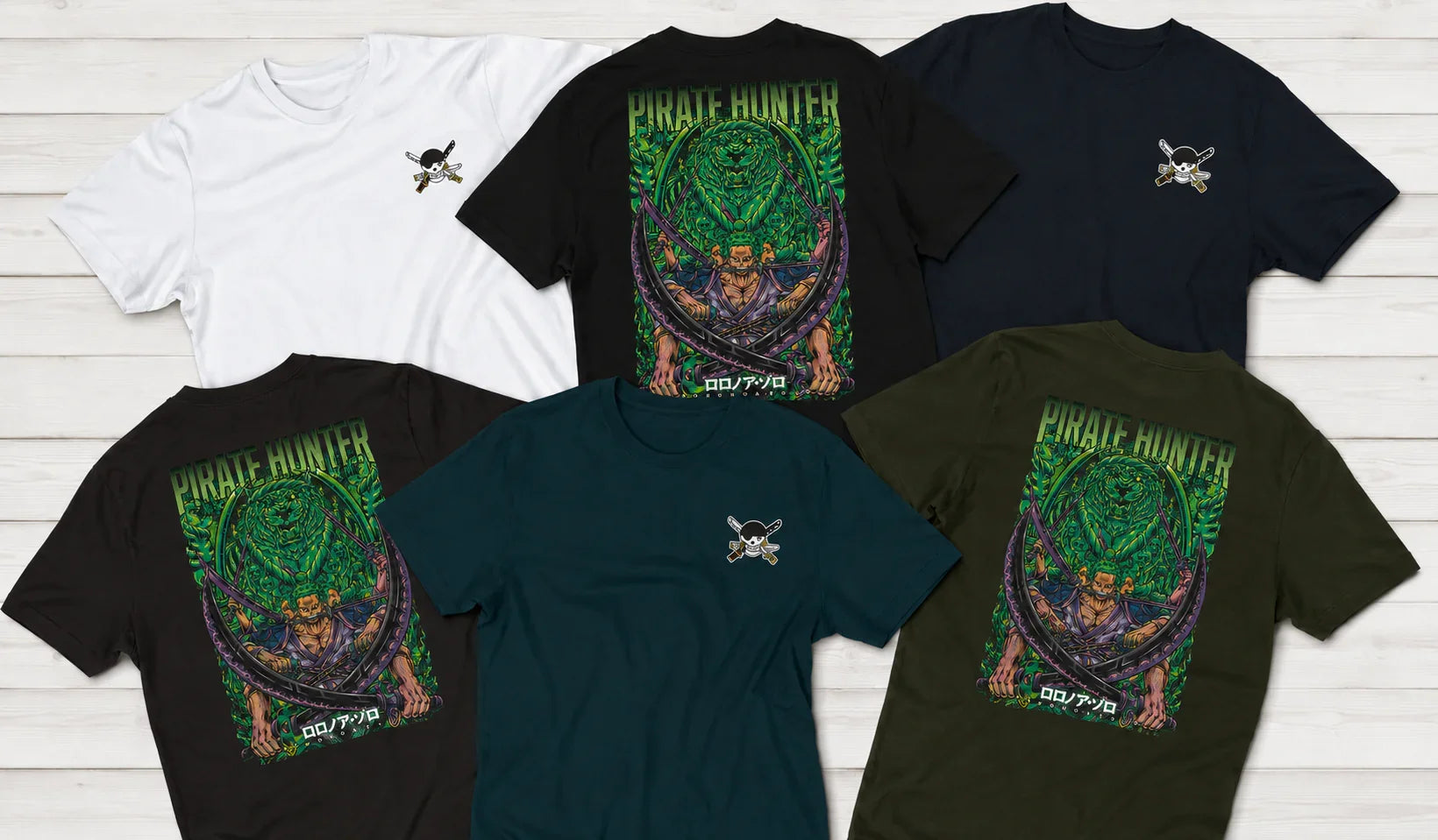 Pirate Hunter anime streetwear tees with bold green tiger & skull designs, premium comfort for gamers & creators
