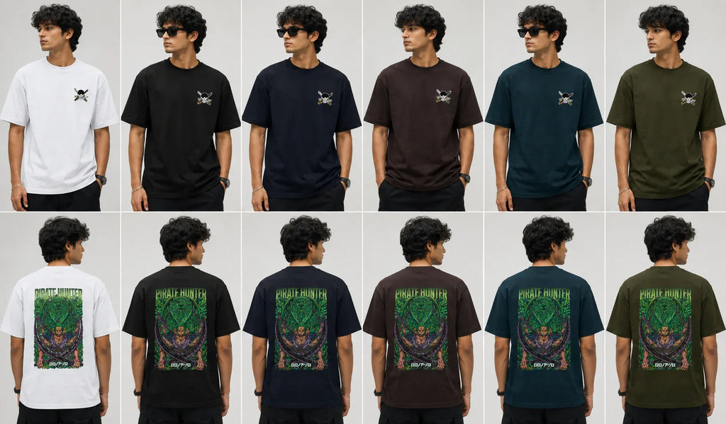 Pirate Hunter anime streetwear tee in 6 colors, front and back views with skull logo and bold graphic design