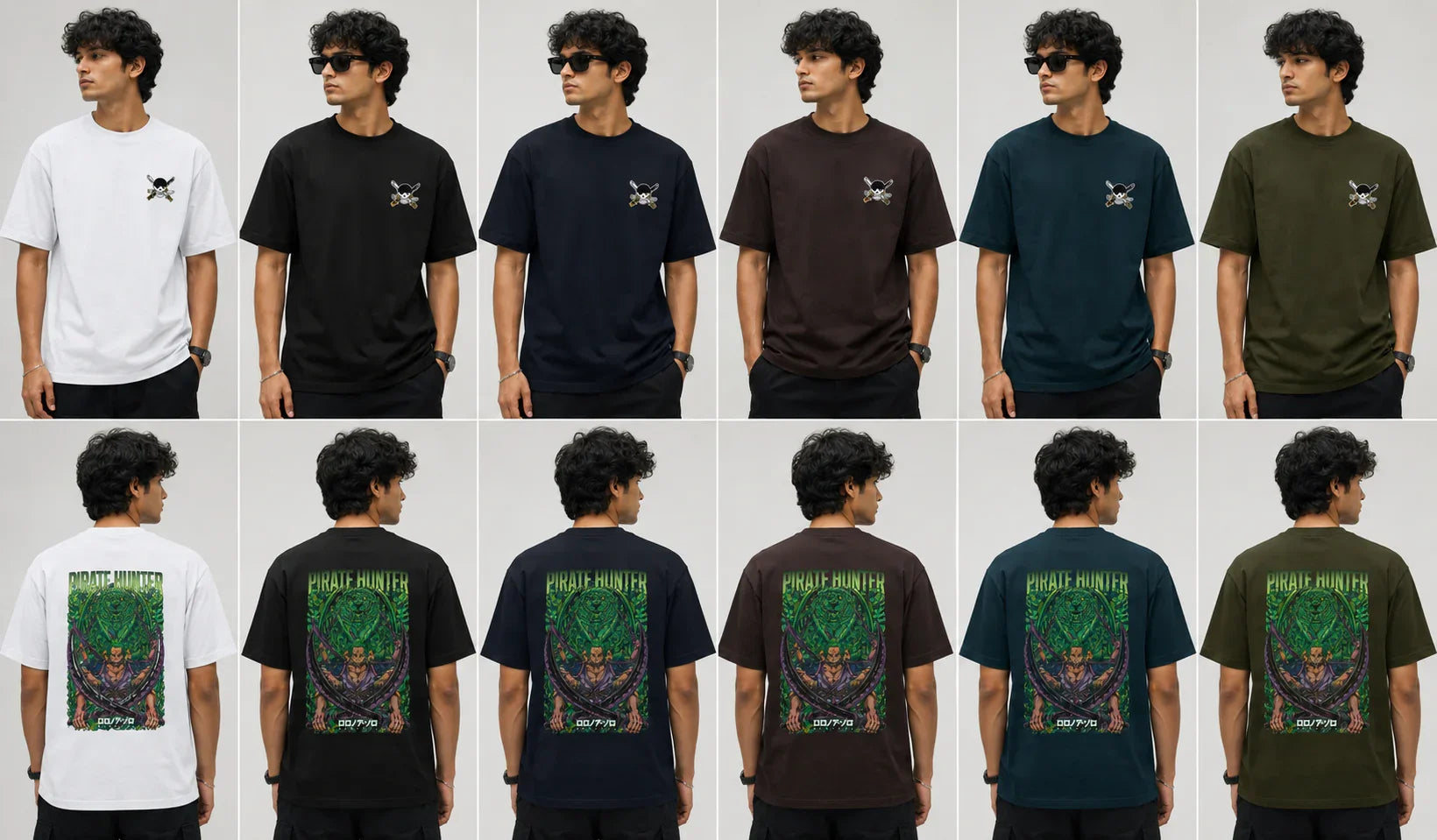 Pirate Hunter anime streetwear tee in 6 colors, front and back views with skull logo and bold graphic design