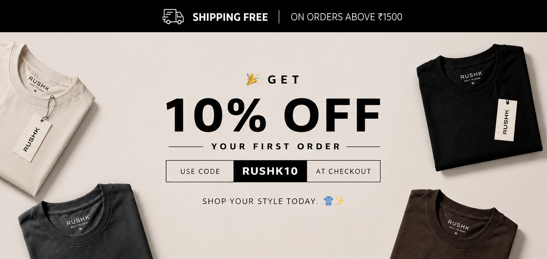 Promotional banner with t-shirts and a discount offer on a light background