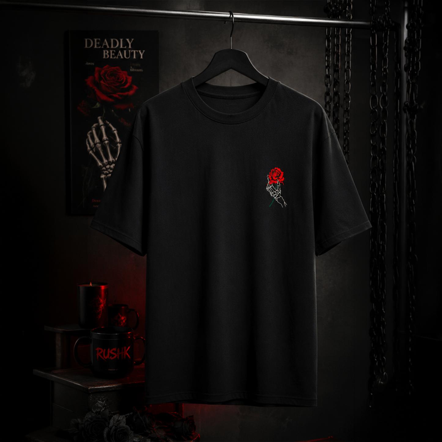Crimson Rose Skeleton Hand T-Shirt | RUSHK