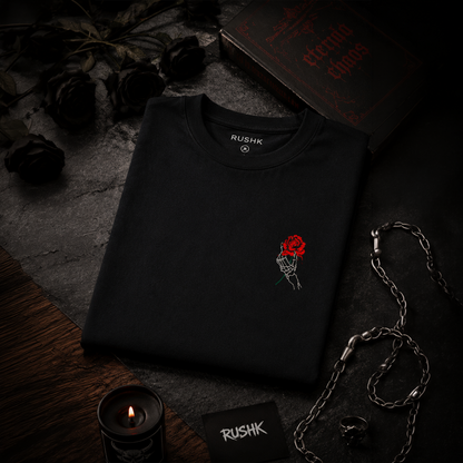 Crimson Rose Skeleton Hand T-Shirt | RUSHK